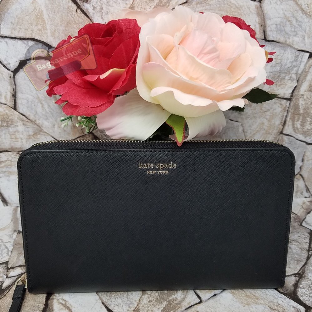 kate spade Black Zip Around Saffiano Leather Wallet with Gold Logo